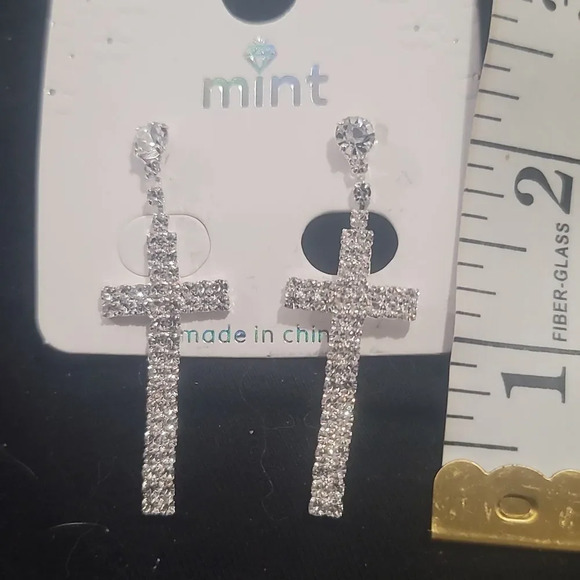 Rhinestone silvertone cross pierced earrings - Picture 1 of 2